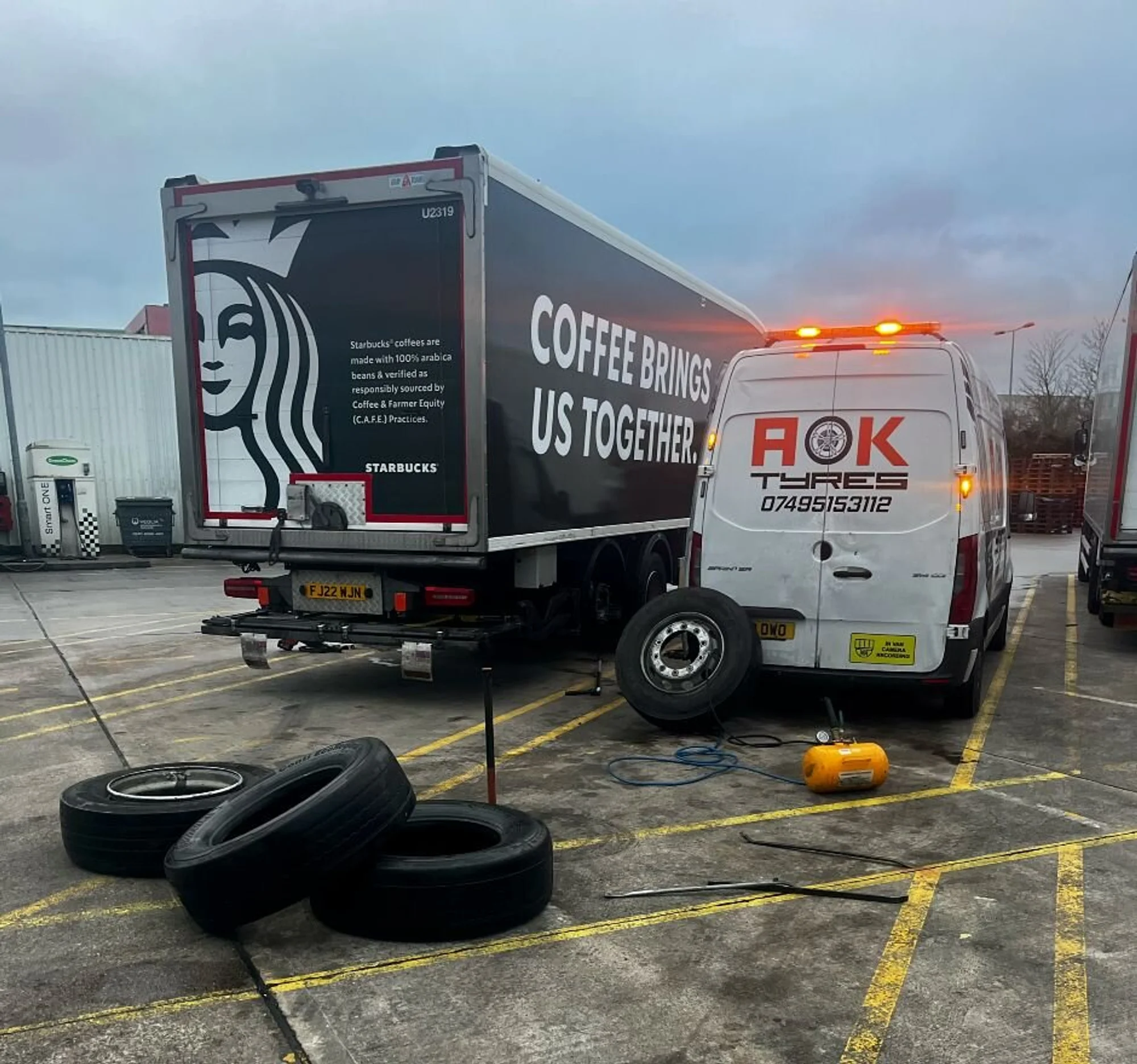 AOK Tyres mobile van servicing a starbucks truck